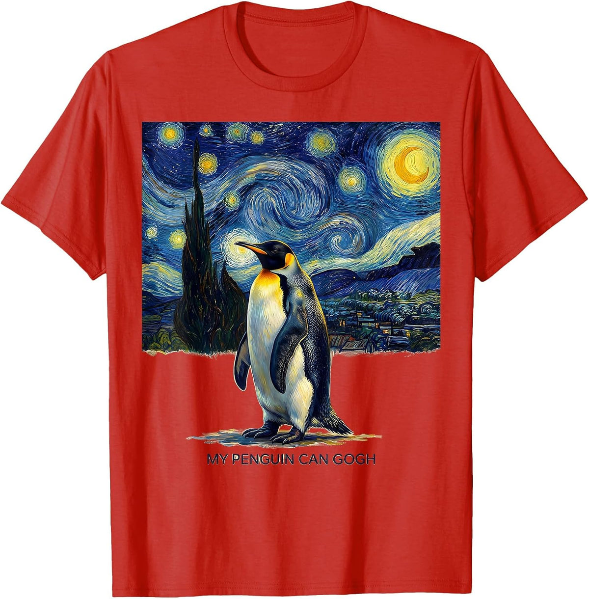 Men's My Penguin Can Gogh Funny Animal Art Parody Van Gogh Starry T-Shirt - Red
