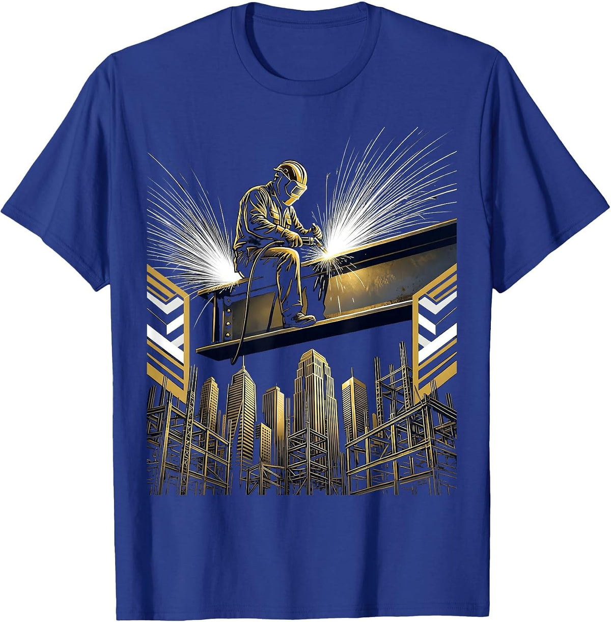 Iron Worker Welding Atop Steel Beam Skyline T-Shirt - Royal Blue