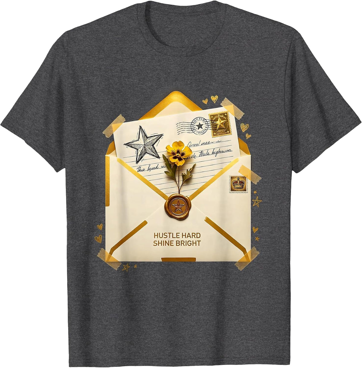 Men's Hustle Hard Shine Bright Black and Gold Design T-Shirt - Dark Heather Grey