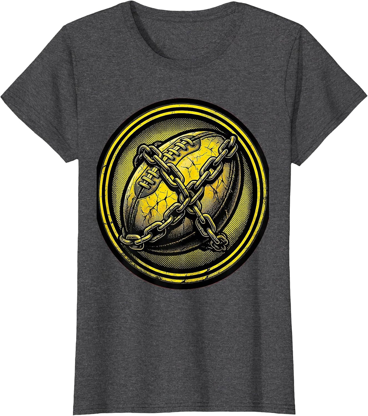 Women's Weathered Rugby Ball Wrapped in Chains Design T-Shirt - Dark Heather Grey