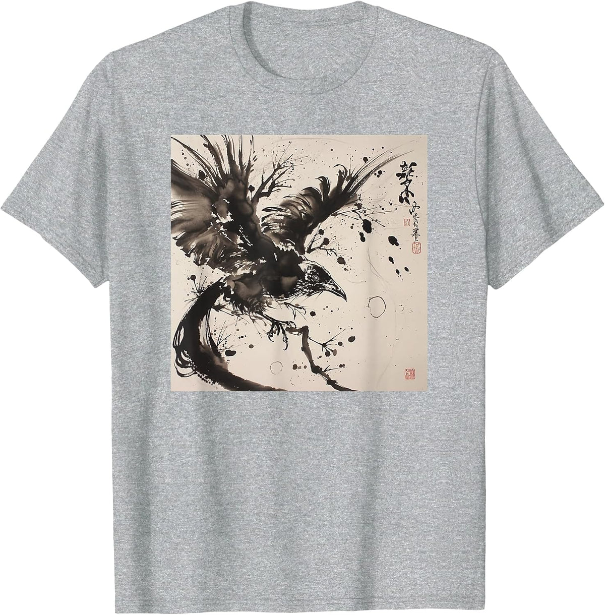 Japanese Ink Art Crow- Raven Ink Art Graphic T-Shirt - Heather Grey