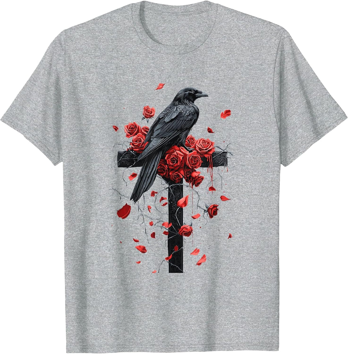 Raven with Roses on Cross Gothic T-Shirt - Heather Grey