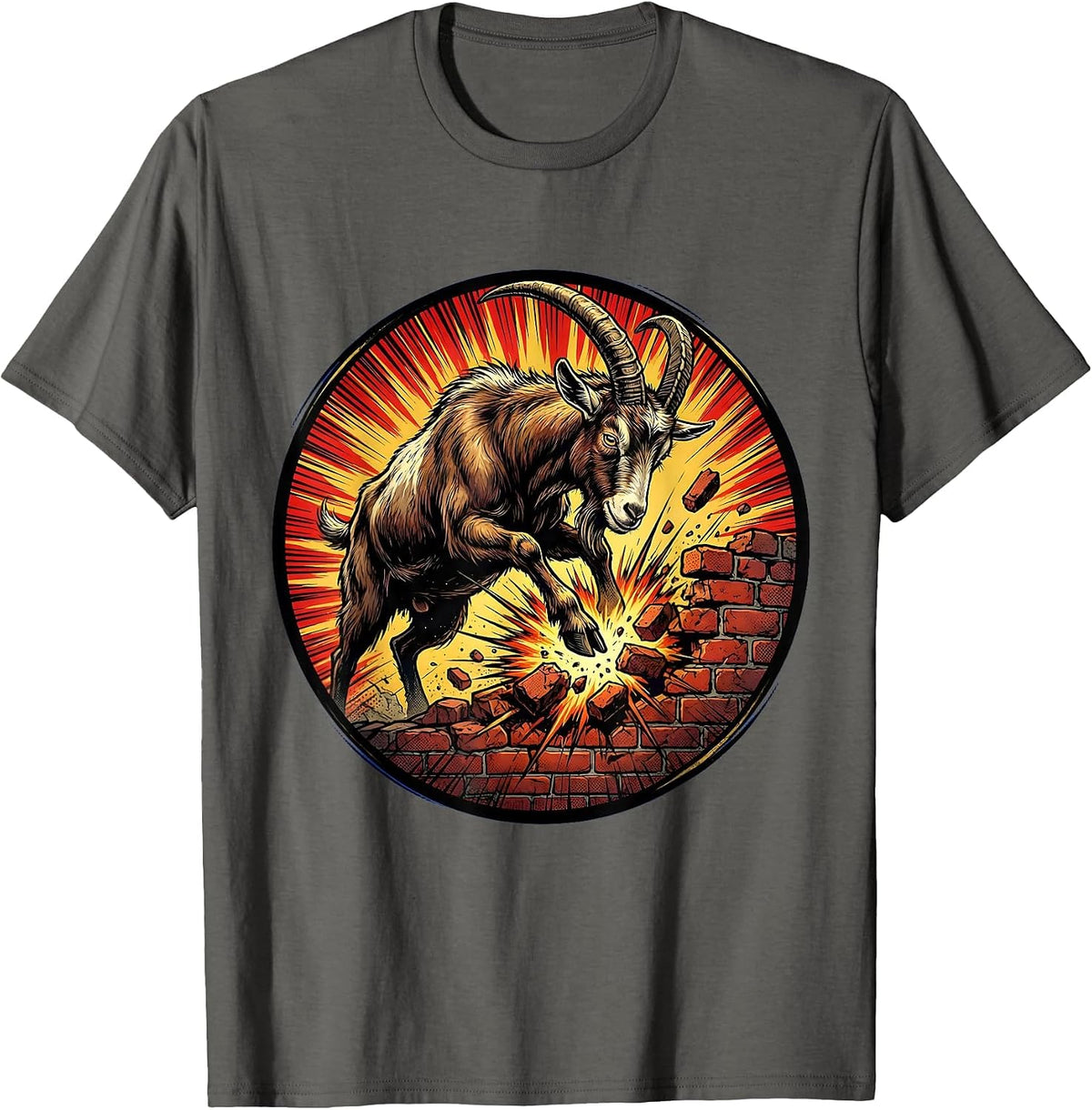 Stubborn Goat Headbutting Brick Wall Funny Art T-Shirt - Asphalt Grey