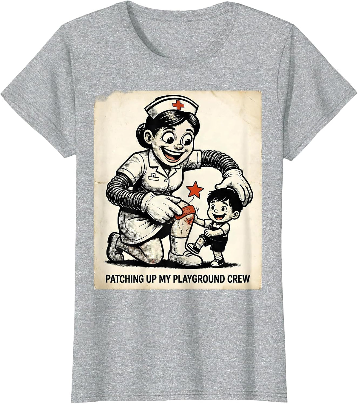 Patching Up My Playground Crew Retro Cartoon Nurse T-Shirt - Heather Grey