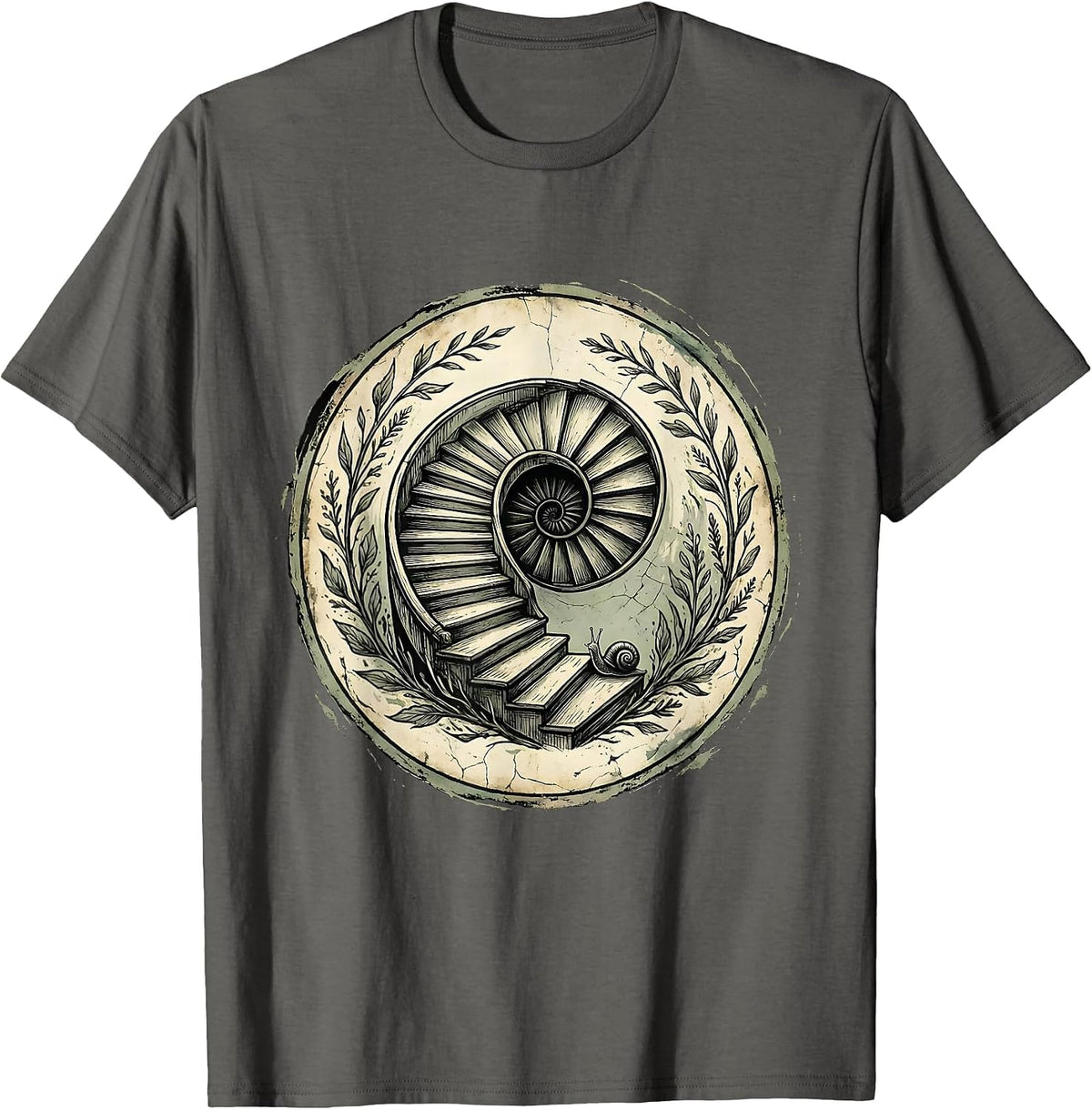 Snail Climbing Spiral Staircase Illustration T-Shirt - Asphalt Grey