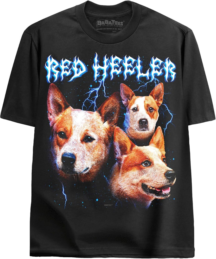 80s Red Heeler Wolf Alpha Dog Graphic Tee, Lightning Bolt and Stars, Black Graphic Tee for Dog Loving Men & Women - Thrash