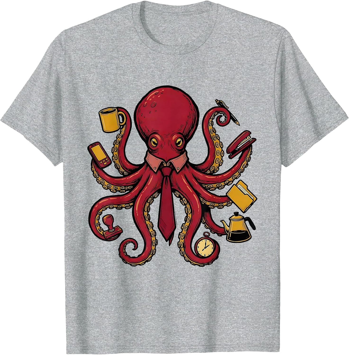 Men's Office Octopus Domed Mantle Marker Outline Vintage T-Shirt - Heather Grey