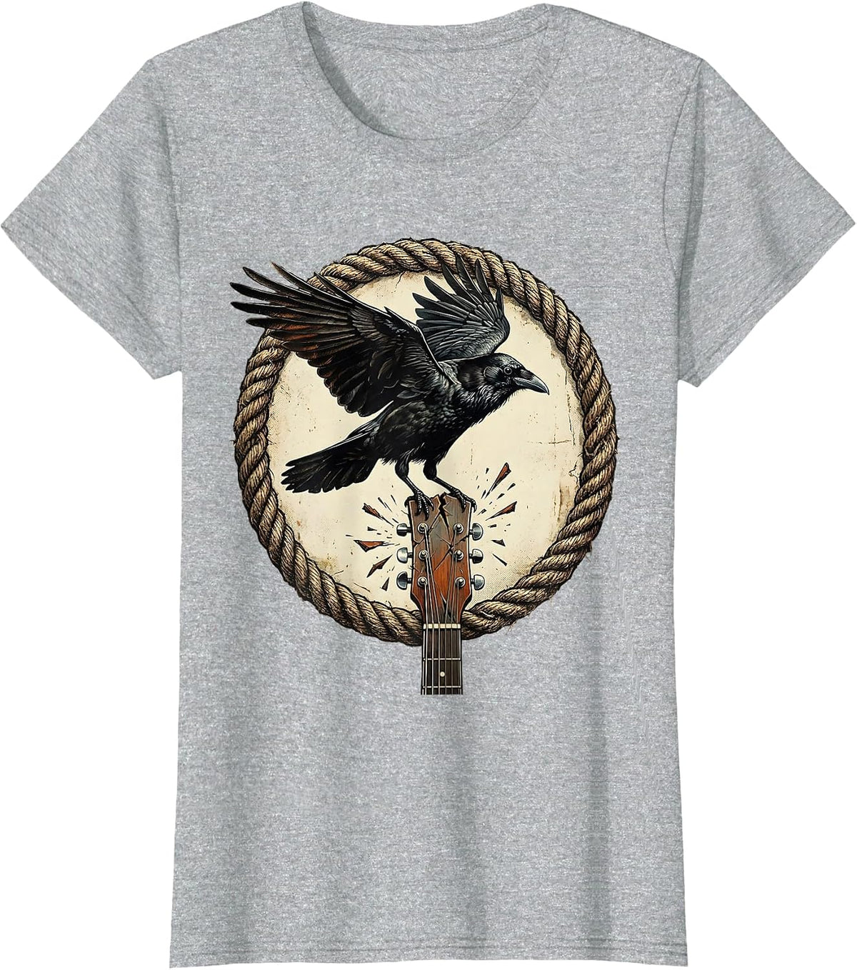 Crow on Broken Guitar Neck Rock Art Design T-Shirt - Heather Grey