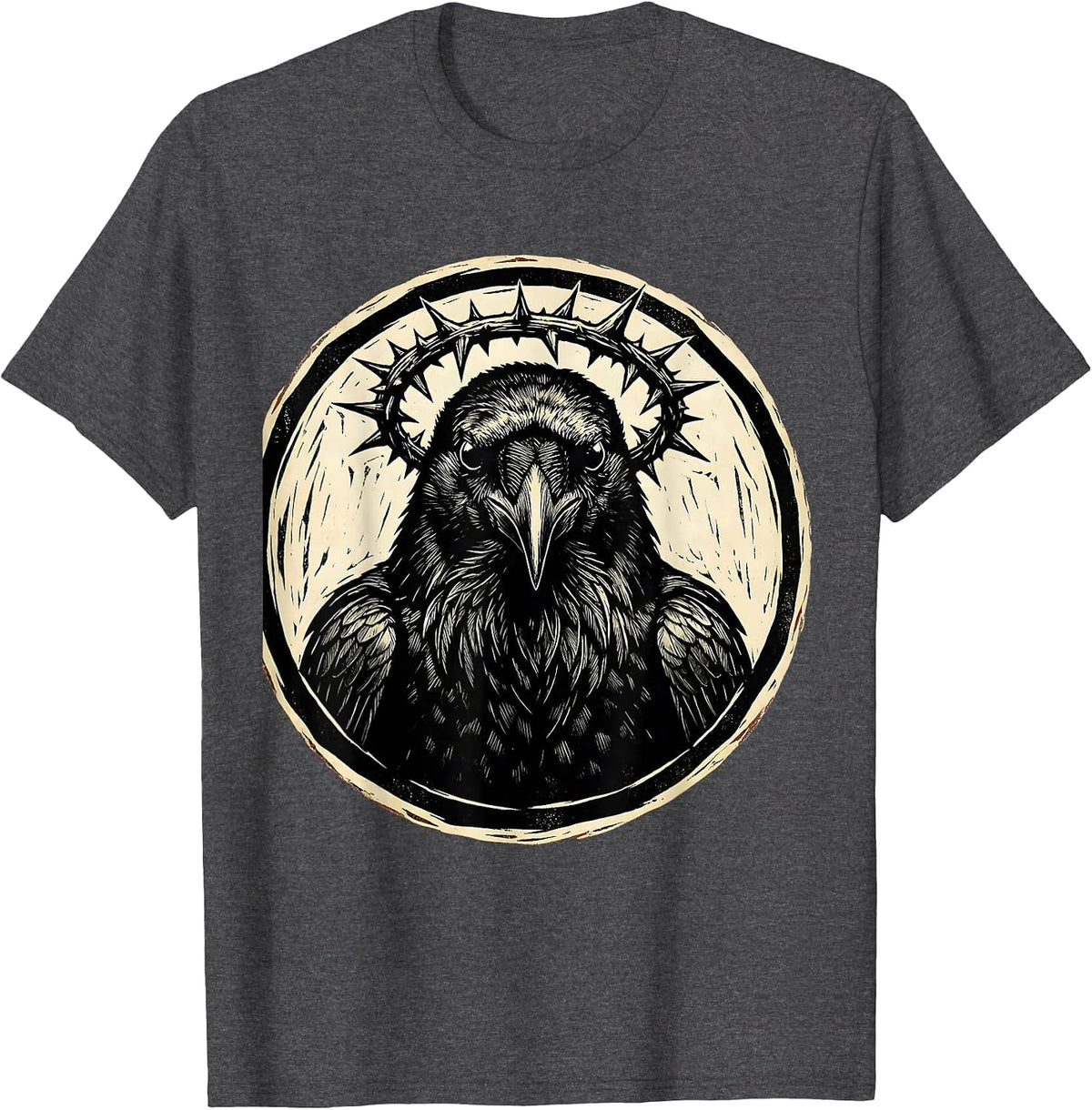 Men's Crow Wearing Crown of Thorns Illustration T-Shirt - Dark Heather Grey
