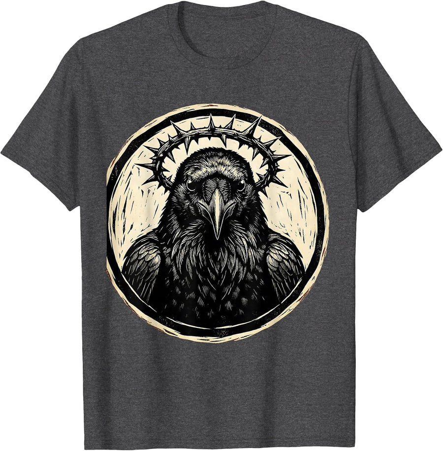 Men's Crow Wearing Crown of Thorns Illustration T-Shirt - Dark Heather Grey