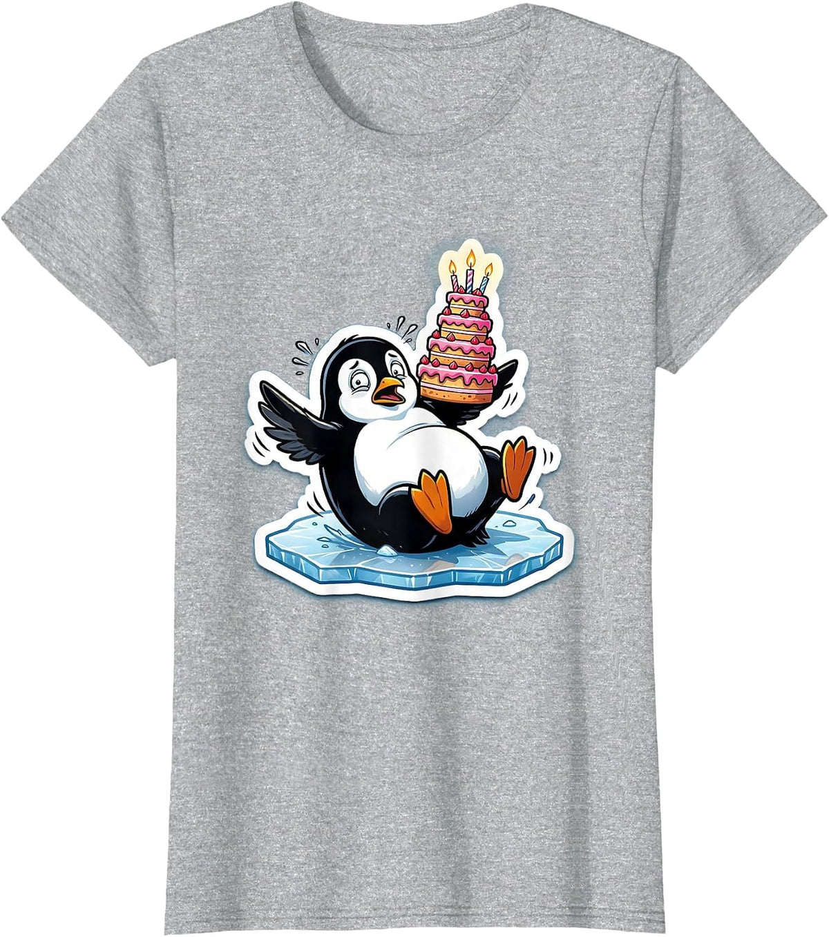Women's Penguin Slipping on Ice With Birthday Cake T-Shirt - Heather Grey