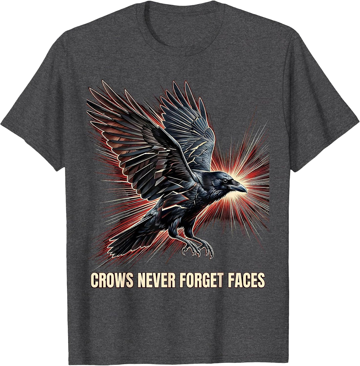 Men's Crows Never Forget Faces Crow Design T-Shirt - Dark Heather Grey