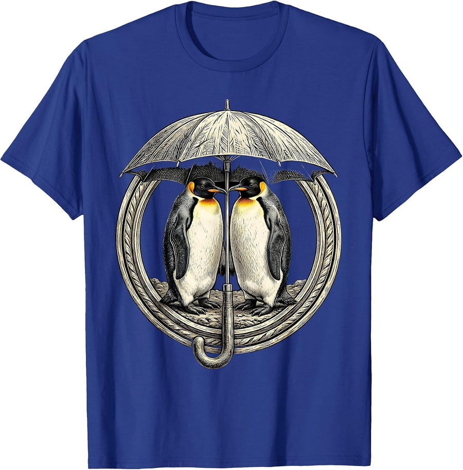 Two Penguins Sharing an Umbrella Cute Animal Art T-Shirt - Royal Blue