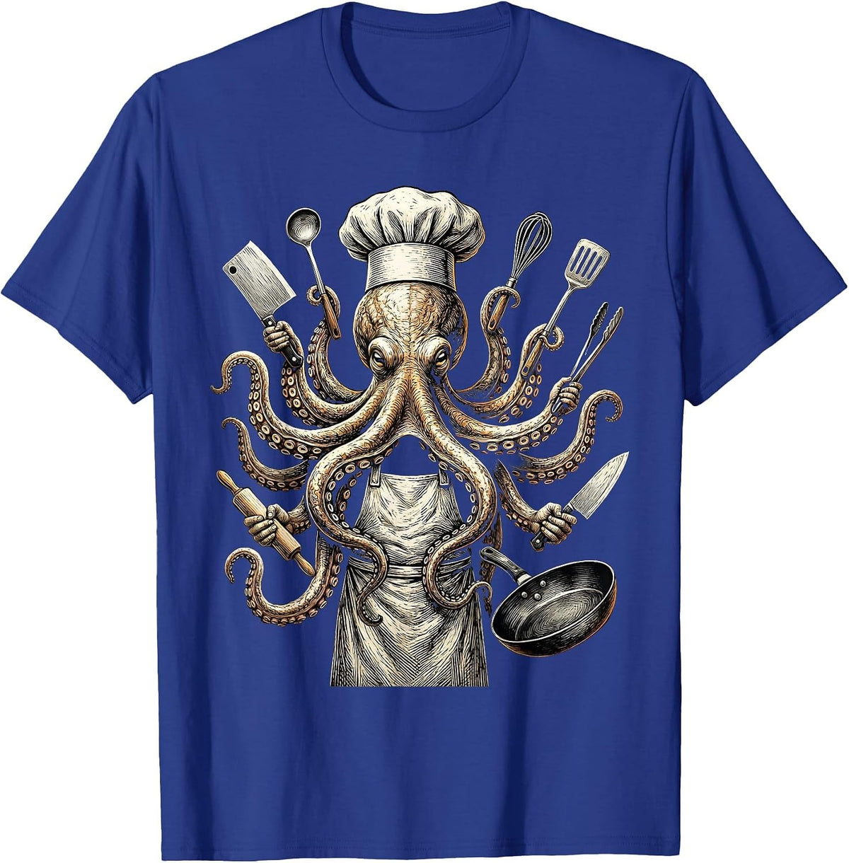 Men's Octopus Chef Holding Eight Kitchen Tools T-Shirt - Royal Blue
