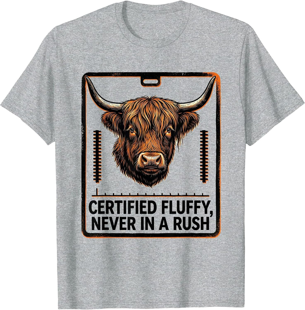 Men's Certified Fluffy Never In A Rush Cute Highland Cow Humor T-Shirt - Heather Grey