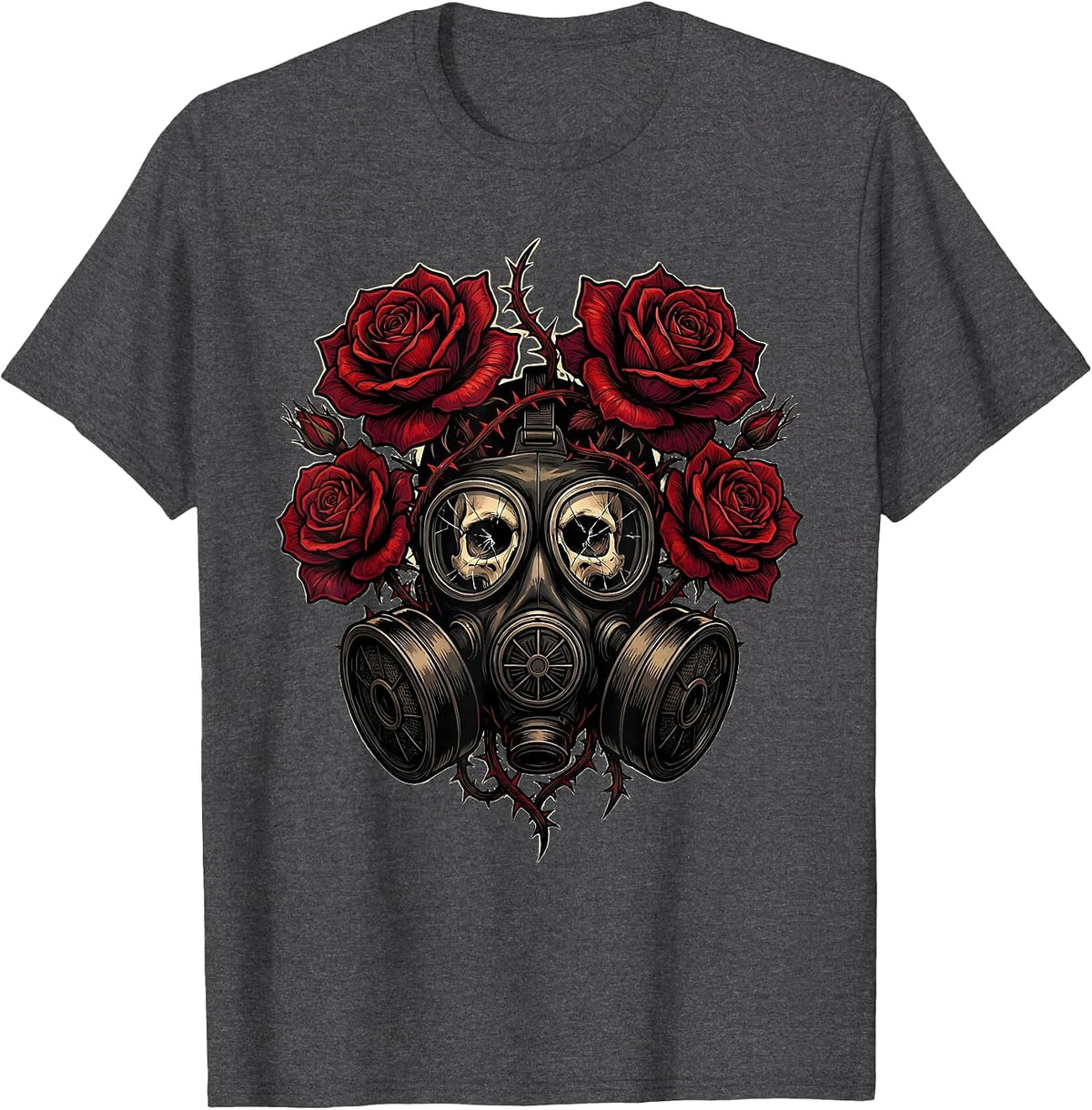 Men's Grunge Gas Mask Floral Growth Illustration T-Shirt - Dark Heather Grey