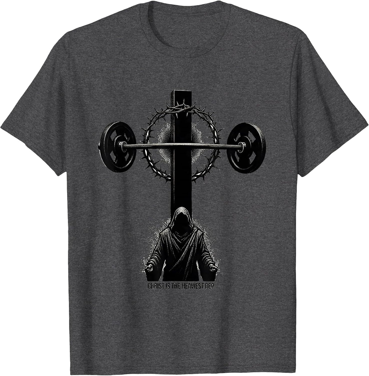 Men's Christ Is The Heaviest Rep Blackwork Dotwork Christian Gym T-Shirt - Dark Heather Grey