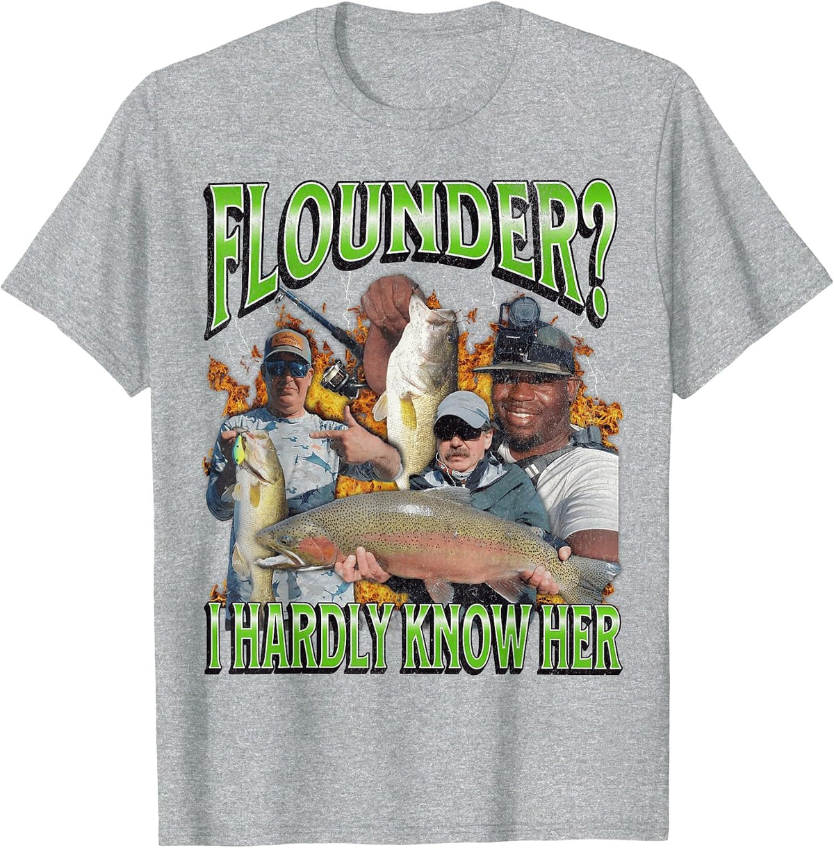 Flounder? I Hardly Know Her Funny Fishing Bootleg Graphic T-Shirt - Heather Grey
