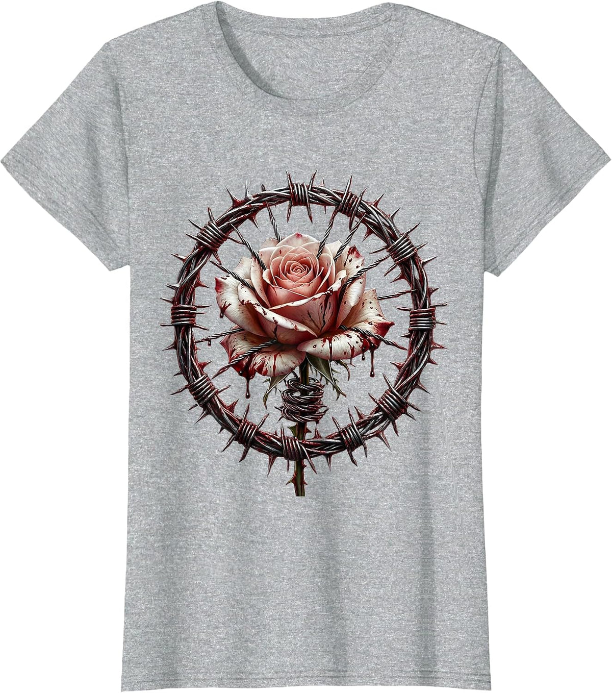 Women's Grunge Barbed Wire Rose Graphic Design T-Shirt - Heather Grey