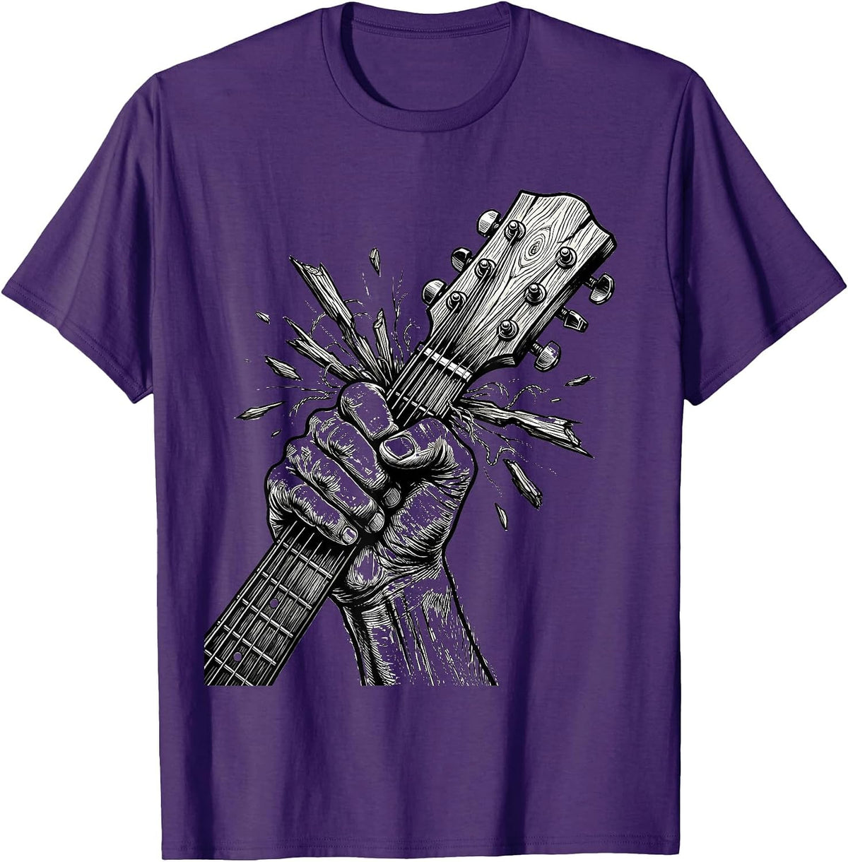 Clenched Fist Broken Guitar Neck Rock Music Art T-Shirt - Purple