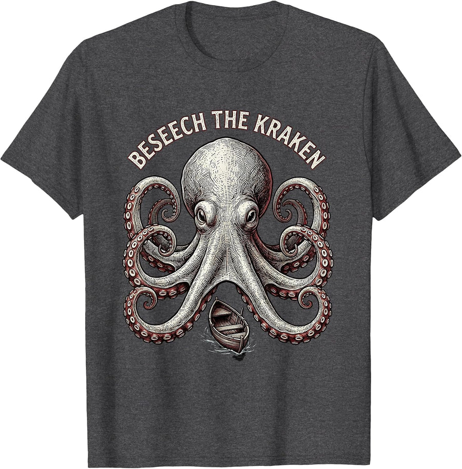Men's Beseech The Kraken Playful Kraken Lover Octopus Humor T-Shirt - Dark Heather Grey
