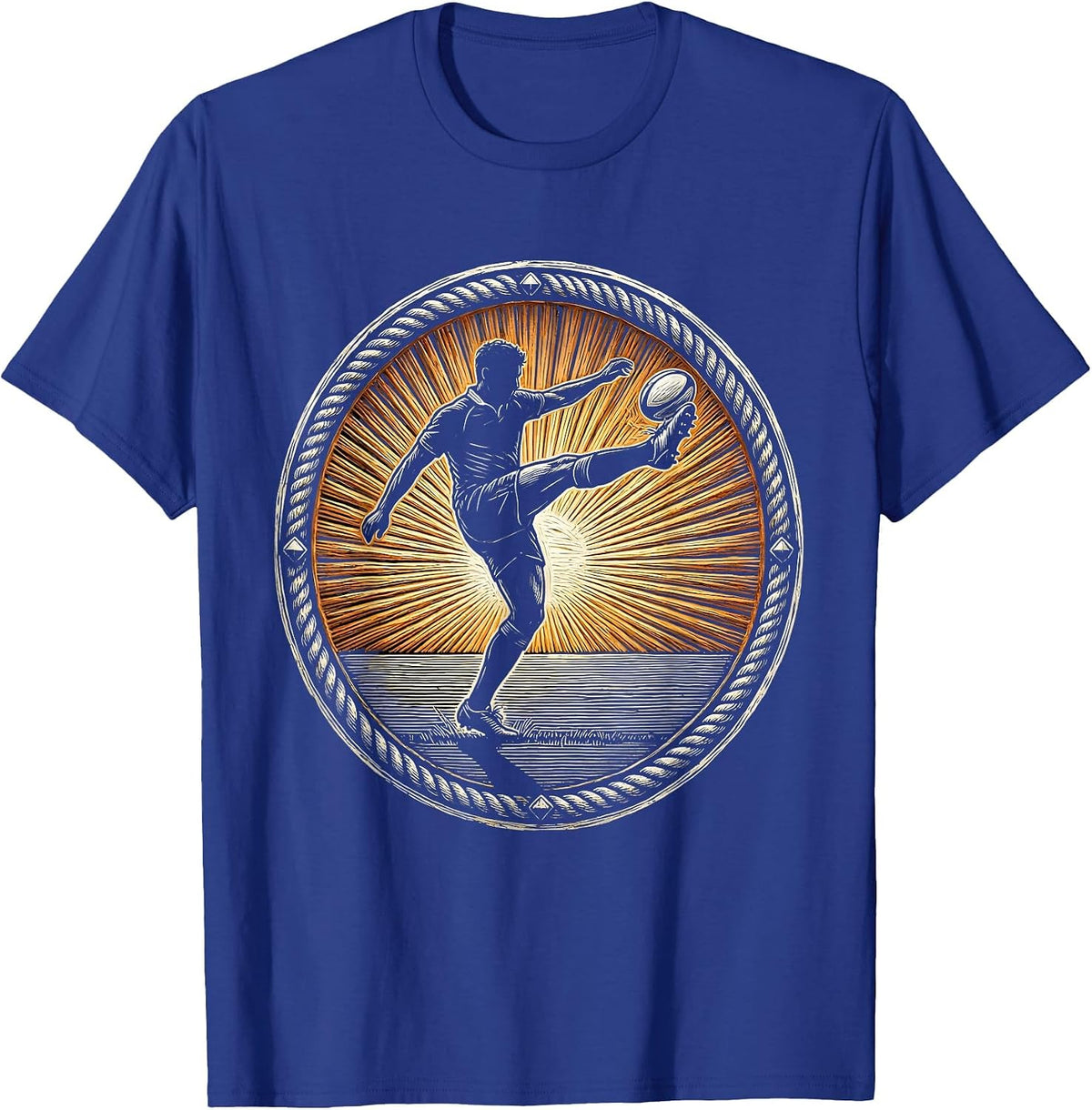 Rugby Player Kicking Ball Sunset Silhouette T-Shirt - Royal Blue