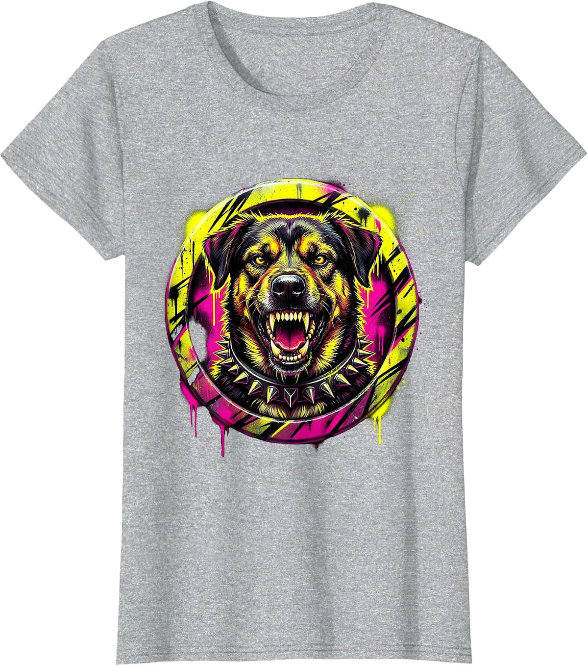 Punk Rock Snarling Studded Collar Dog Graphic T-Shirt - Heather Grey