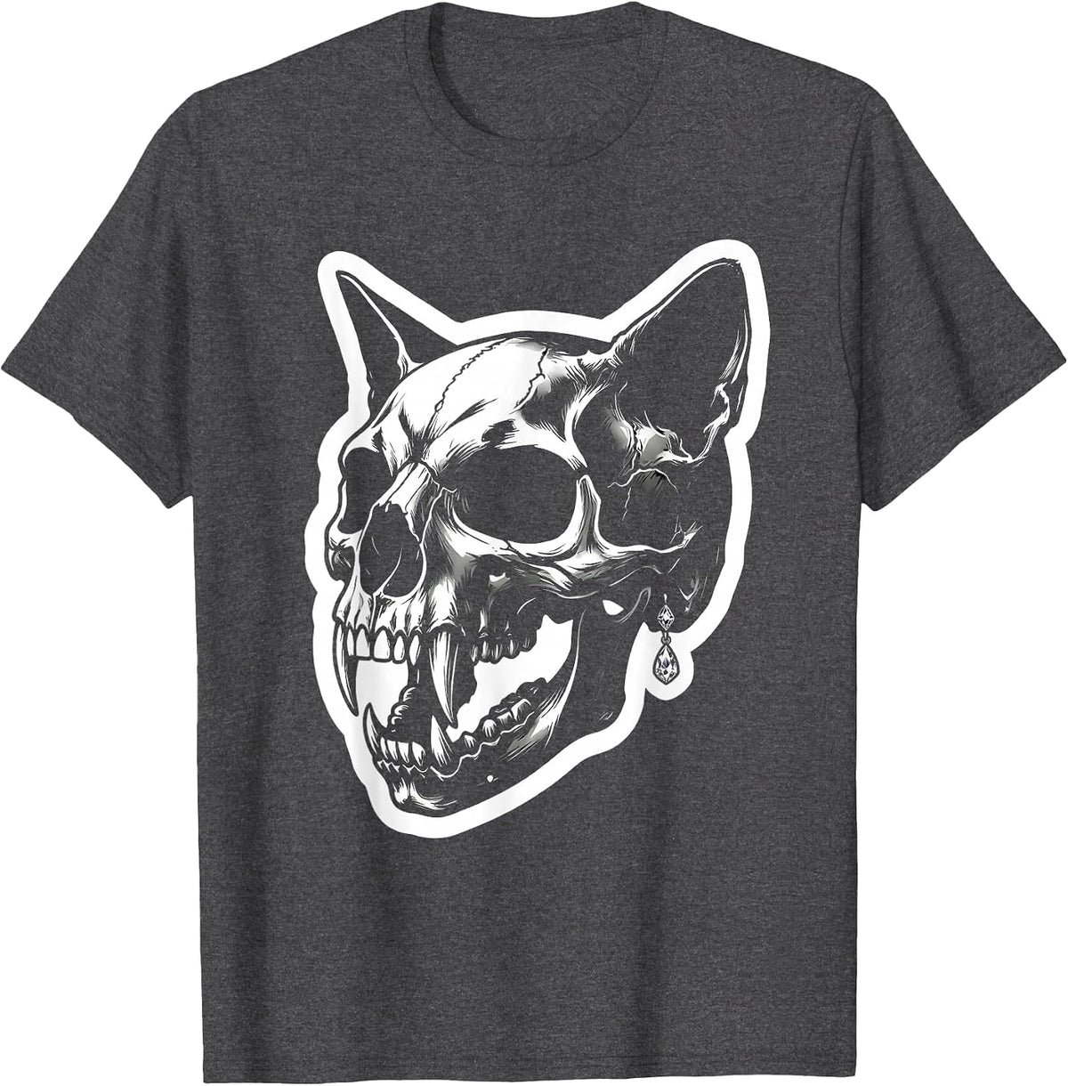 Cat Skull Diamond Earring Rock and Roll Graphic T-Shirt - Dark Heather Grey
