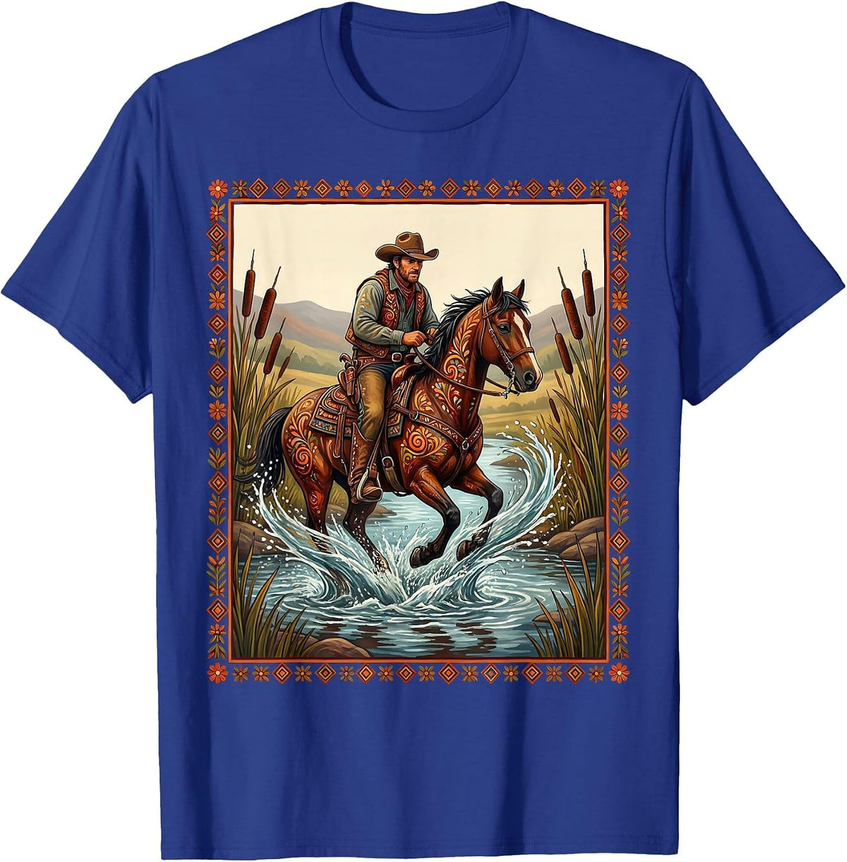 Cowboy River Crossing Western Horseback Illustration T-Shirt - Royal Blue