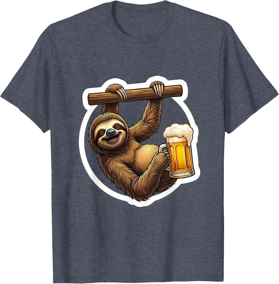 Funny Sloth Hanging at the Bar Beer Lover T-Shirt - Heather Blue
