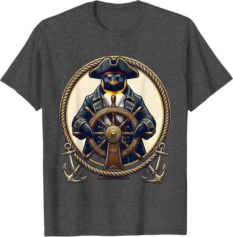 Men's Penguin Pirate Steering a Tall Ship Wheel T-Shirt - Dark Heather Grey