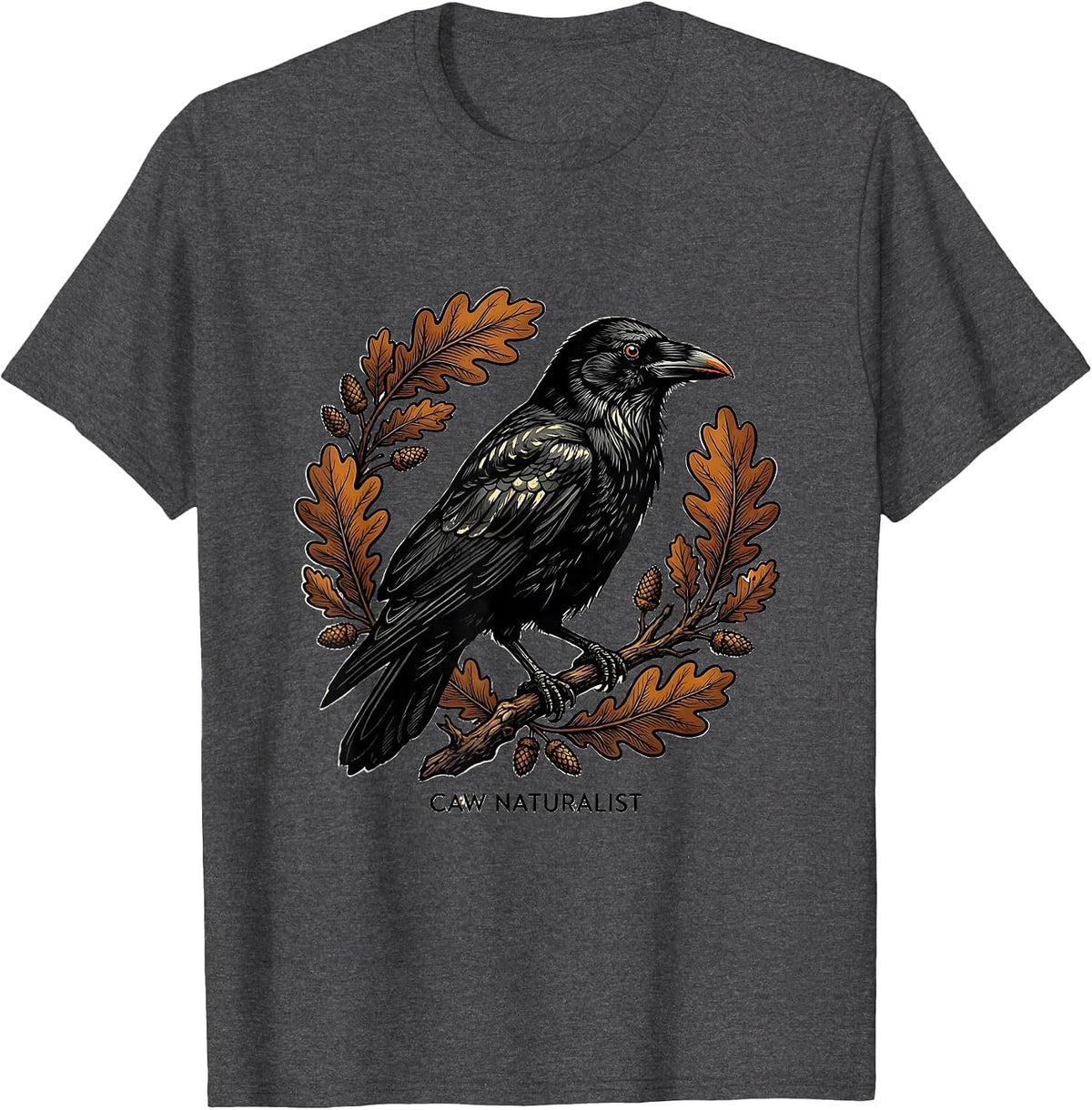 Caw Naturalist Bold Crow Bird Gothic Nature Art T-Shirt - Dark Heather Grey