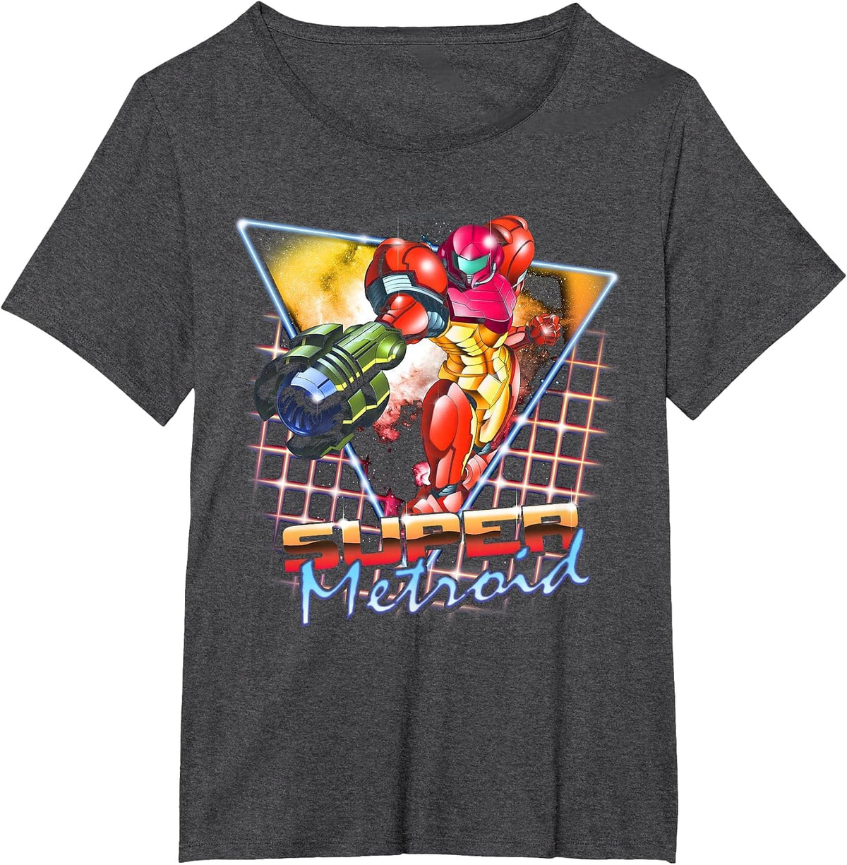 Nintendo Super Metroid Samus Grid Neon Chrome Poster T-Shirt - Dark Heather Grey
