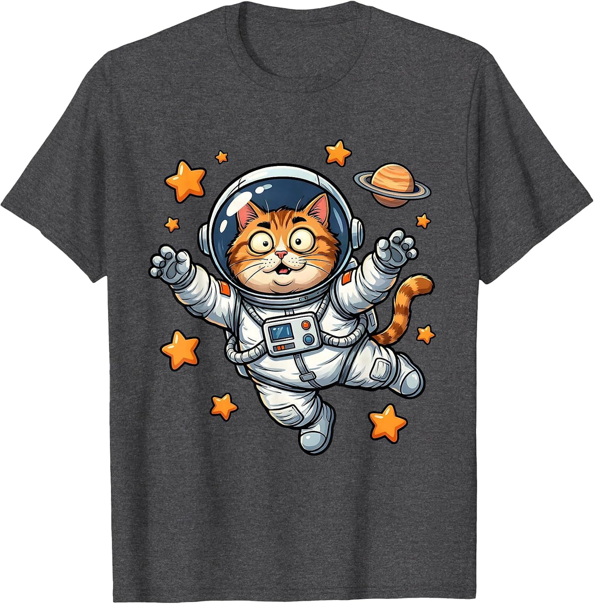 Men's Space Cat Astronaut Helmet Floating Galaxy Design T-Shirt - Dark Heather Grey