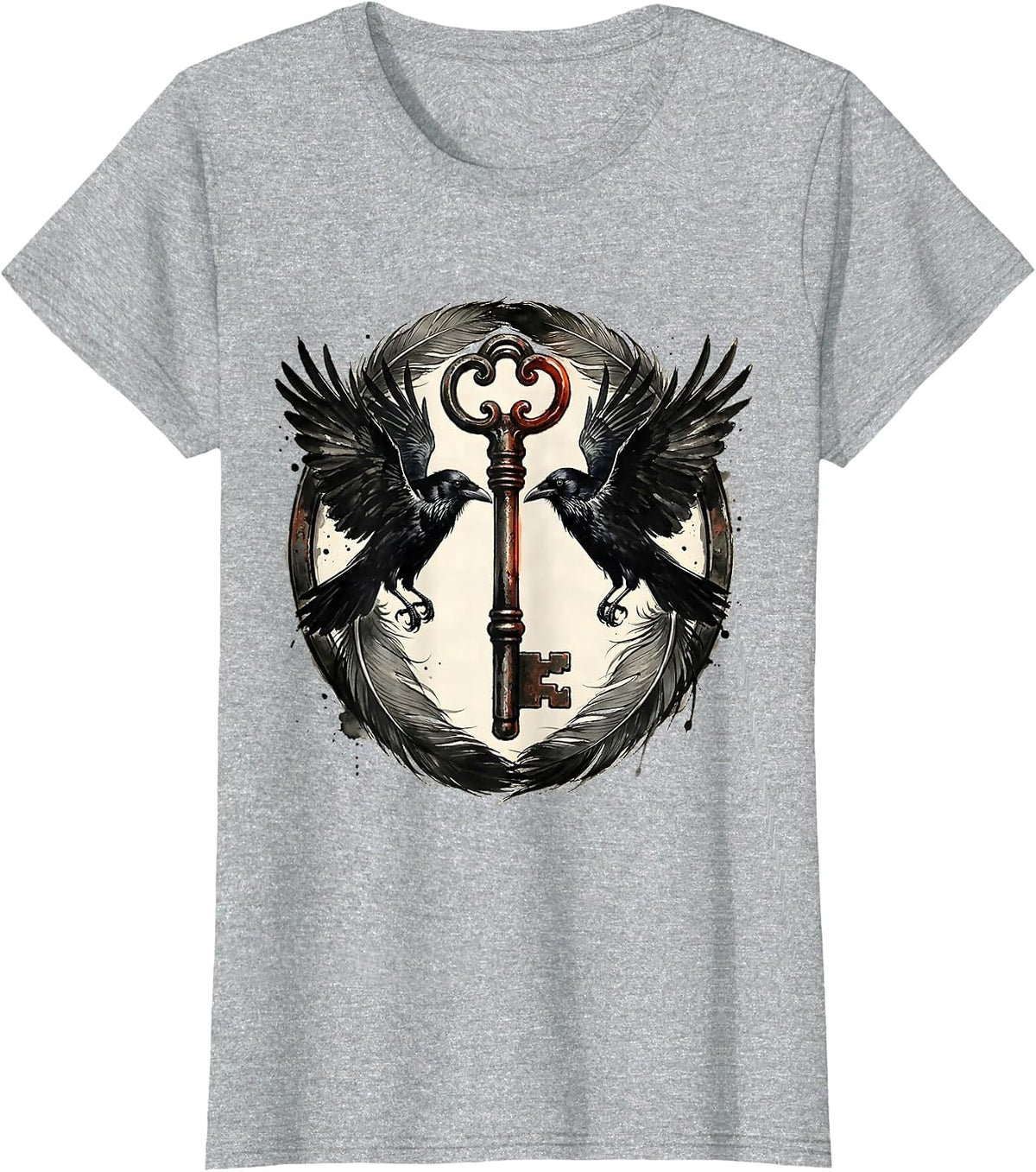 Women's Twin Crows and Iron Key Gothic Illustration T-Shirt - Heather Grey