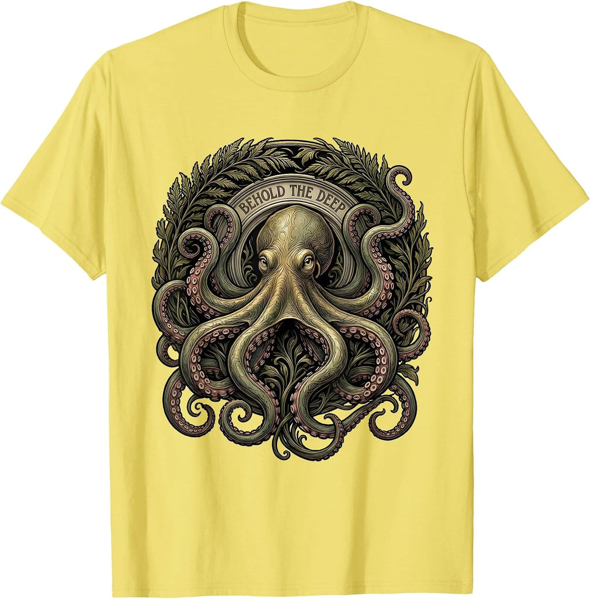 Men's Behold The Deep Art Nouveau Octopus Ocean Creature Lover T-Shirt - Lemon Yellow