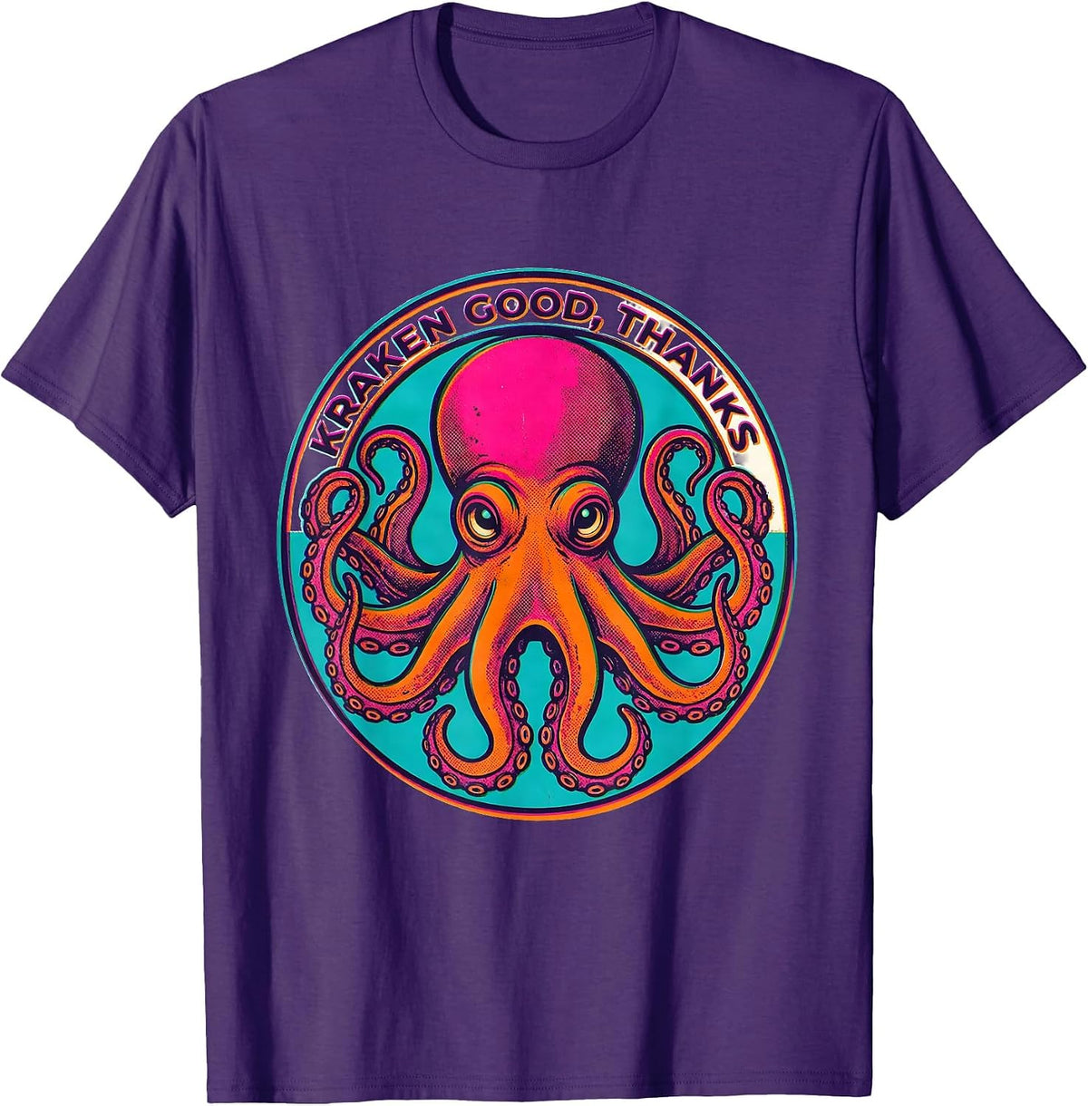 Men's Kraken Good, Thanks Playful Octopus Lover Risograph Art T-Shirt - Purple