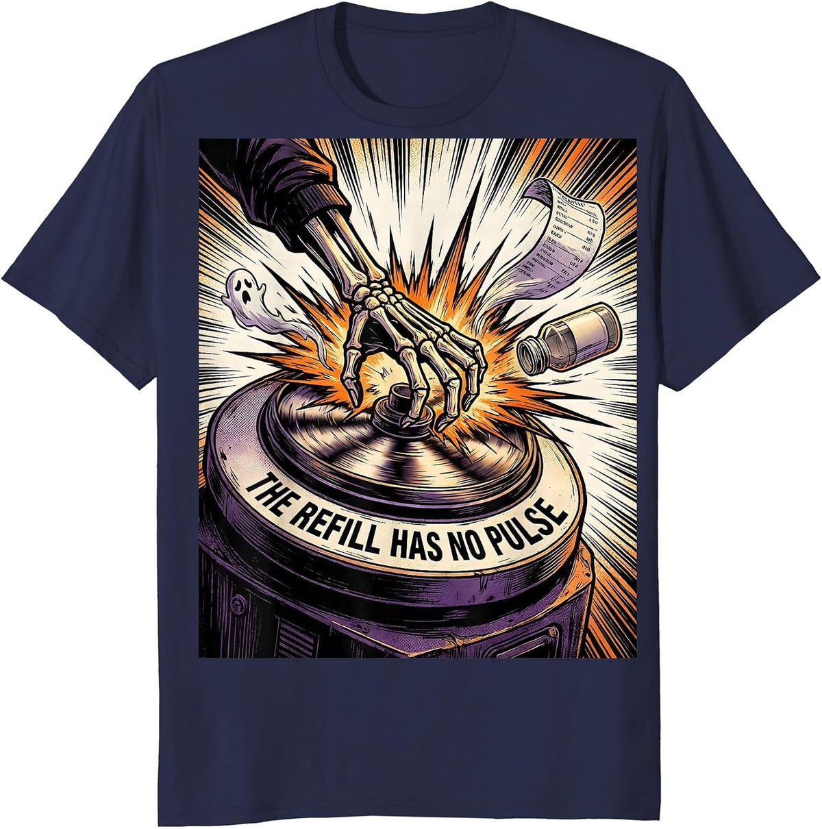 Men's The Refill Has No Pulse Funny Pharmacy Tech Halloween T-Shirt - Navy Blue