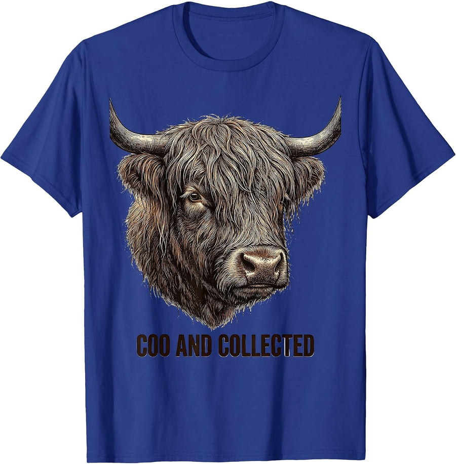 Coo And Collected Crosshatch Etching Highland Cow Humor T-Shirt - Royal Blue