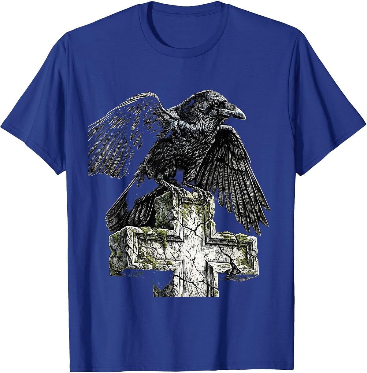 Men's Crow on Gravestone Cross Gothic Art Design T-Shirt - Royal Blue