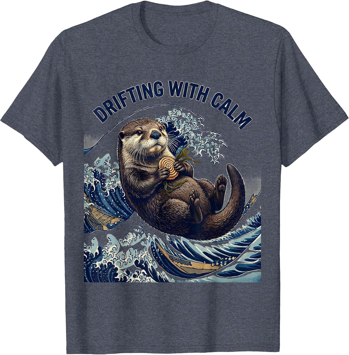 Drifting With Calm Ukiyo-e Sea Otter Lover Pun Humor T-Shirt - Heather Blue
