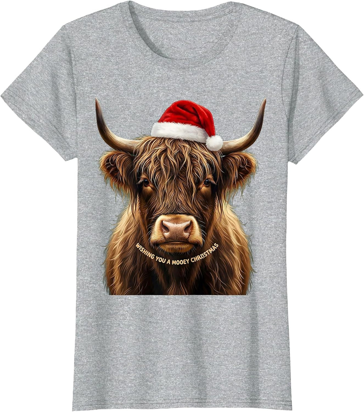 Wishing You a Mooey Christmas Highland Cow Santa Hat Farm T-Shirt - Heather Grey