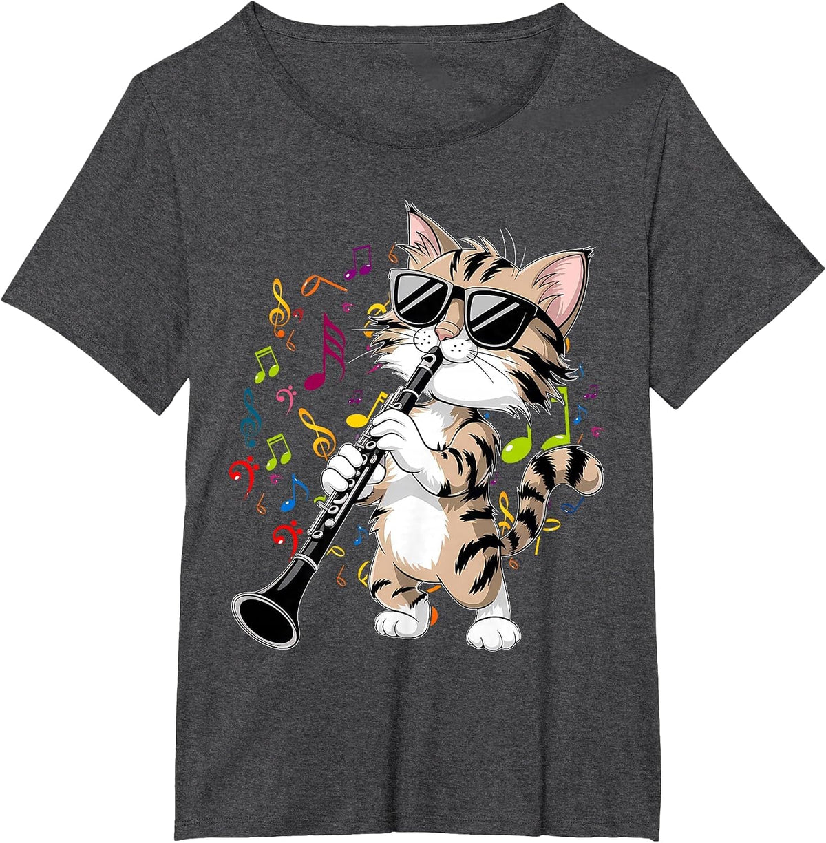 Funny Cat Wearing Sunglasses Playing Clarinet T-Shirt - Dark Heather Grey