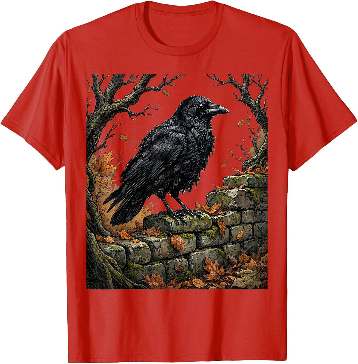 Men's Crow on Crumbling Stone Wall Fall Gothic Art T-Shirt - Red