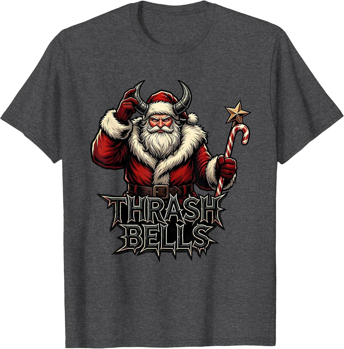 Men's Thrash Bells Heavy Metal Santa Parody Rocker Holiday T-Shirt - Dark Heather Grey