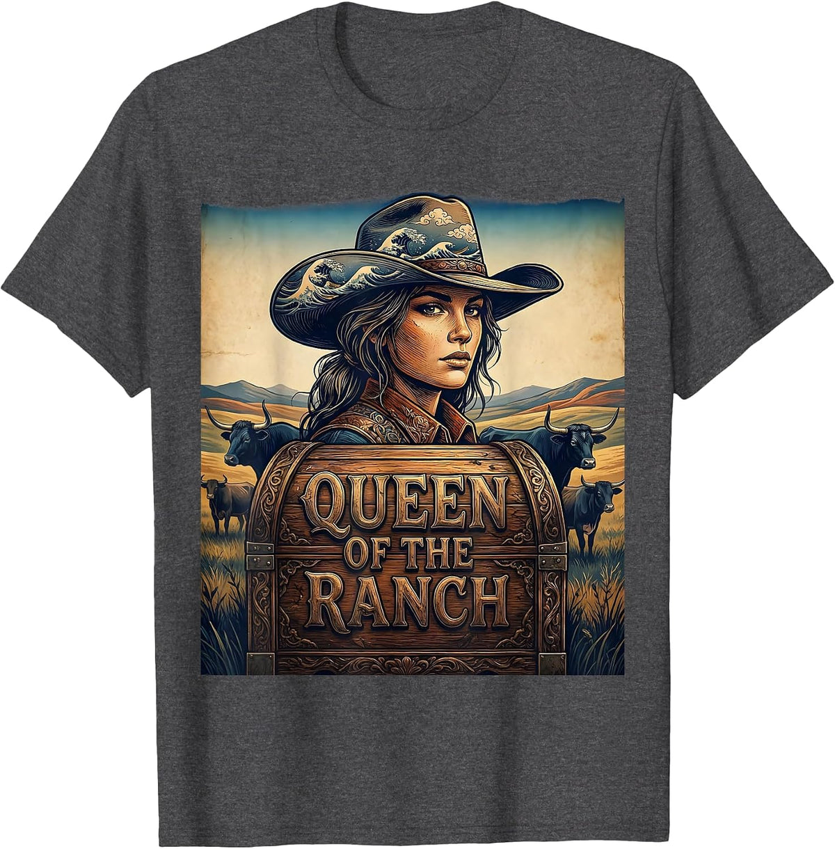 Queen of the Ranch Cow Design T-Shirt - Dark Heather Grey