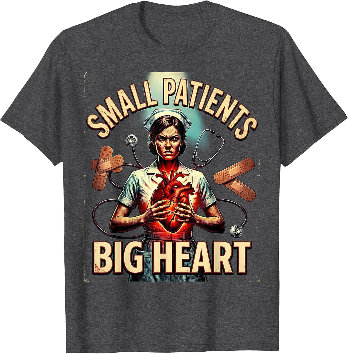 Men's Small Patients Big Heart School Nurse Design T-Shirt - Dark Heather Grey