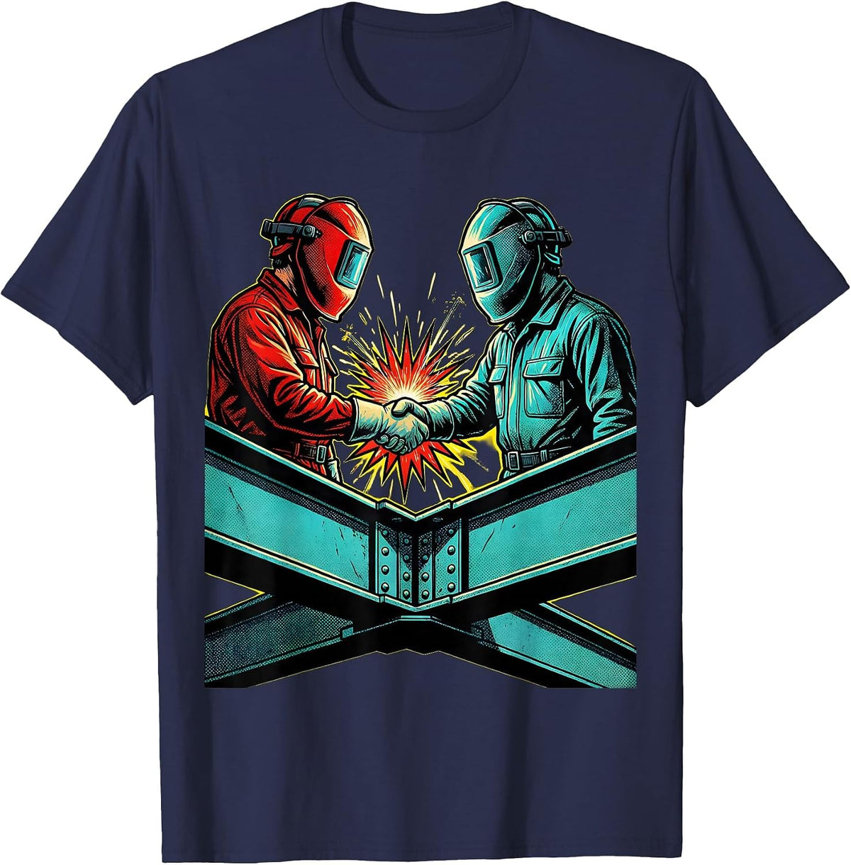 Welder Handshake Steel Structure Graphic T-Shirt - Navy Blue