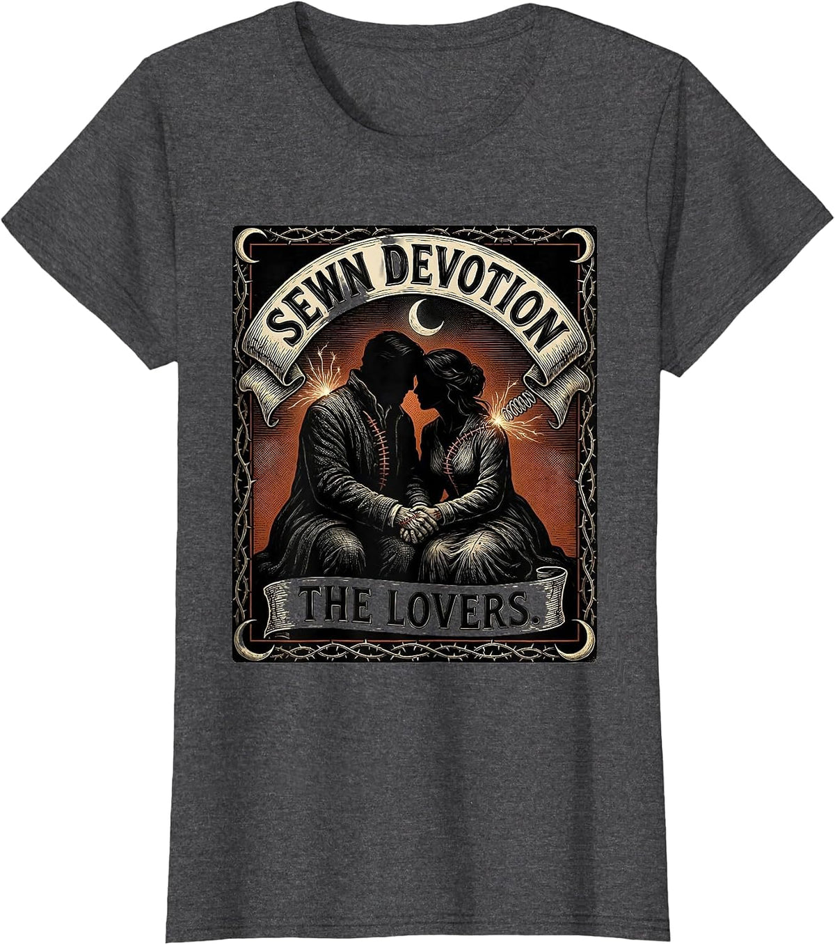 Women's Sewn Devotion The Lovers Woodcut Engraving Horror Romance T-Shirt - Dark Heather Grey