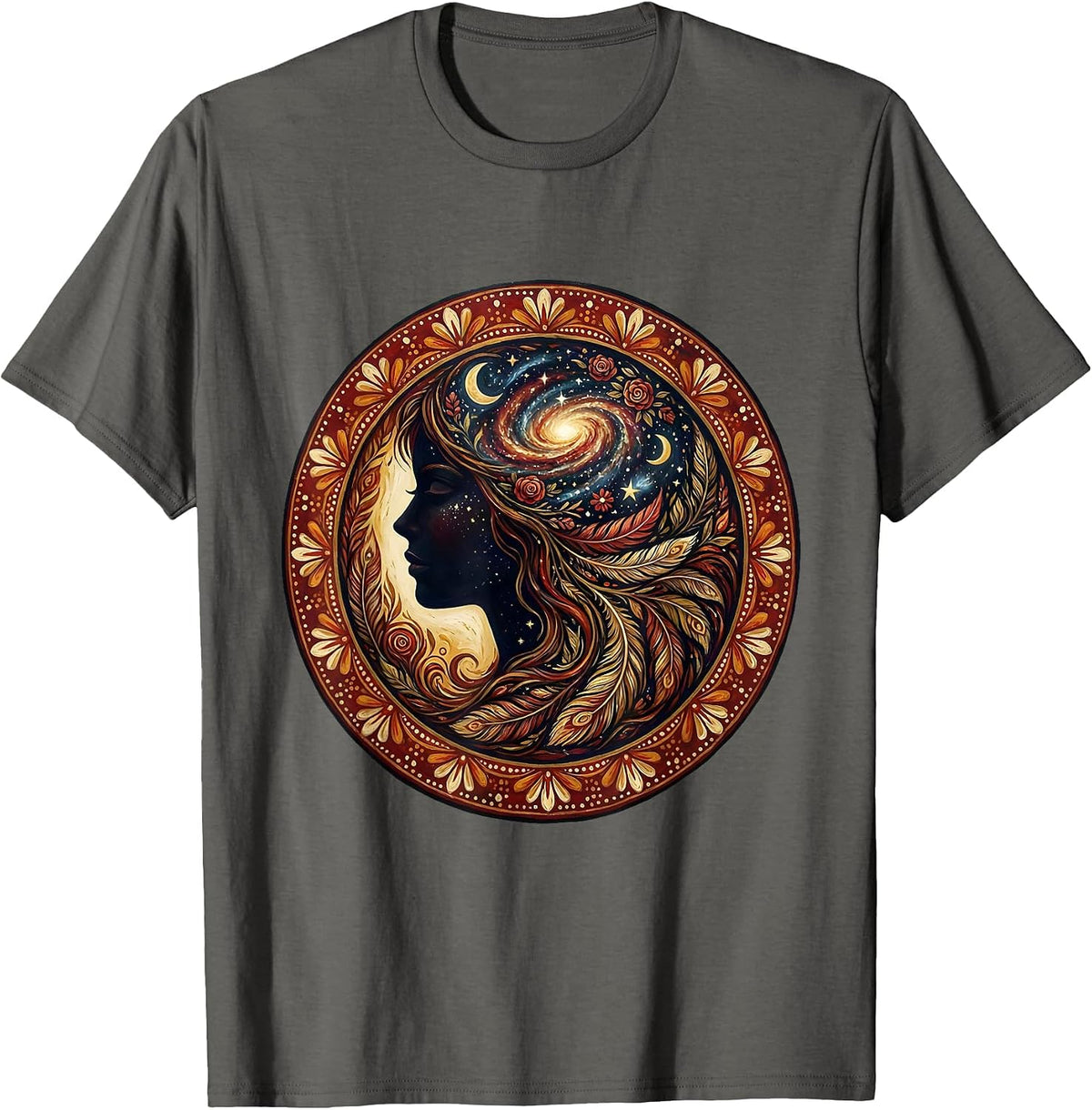 Cosmic Mind Galaxy Woman Profile Illustration T-Shirt - Asphalt Grey